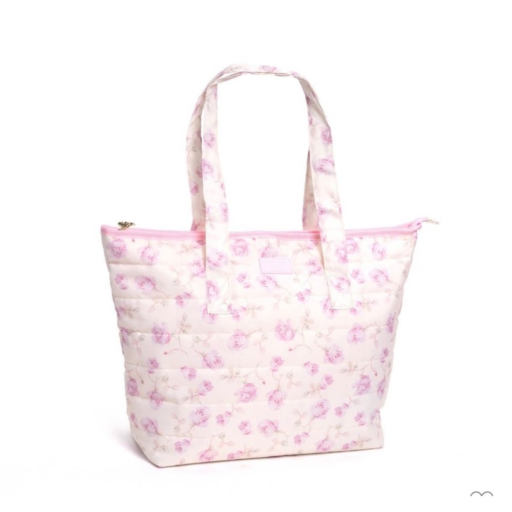 LoveShackFancy x Yoobi Ribbon Rosa Quilted Tote Bag Pink Floral Gold Bow Zipper